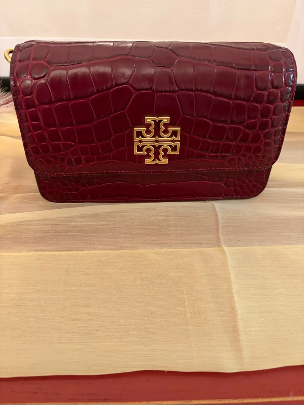 Tory Burch- Claret color, Britten Croc Convertible Crossbody. NWT.